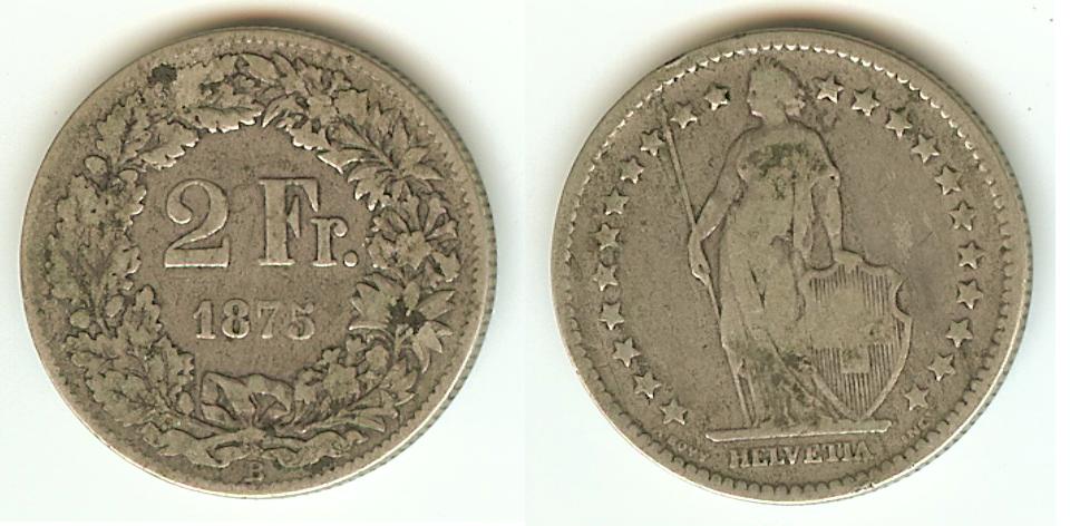 Swiss 2 Francs 1875B F/gF
